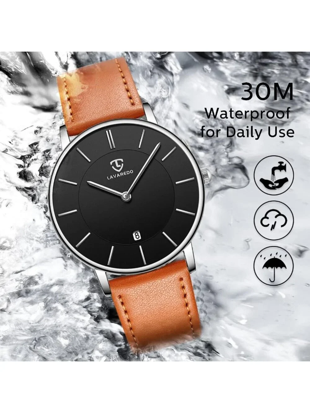 Men's Black Orange Leather Strap Analog Minimalist Fashion Simple Wrist Watch